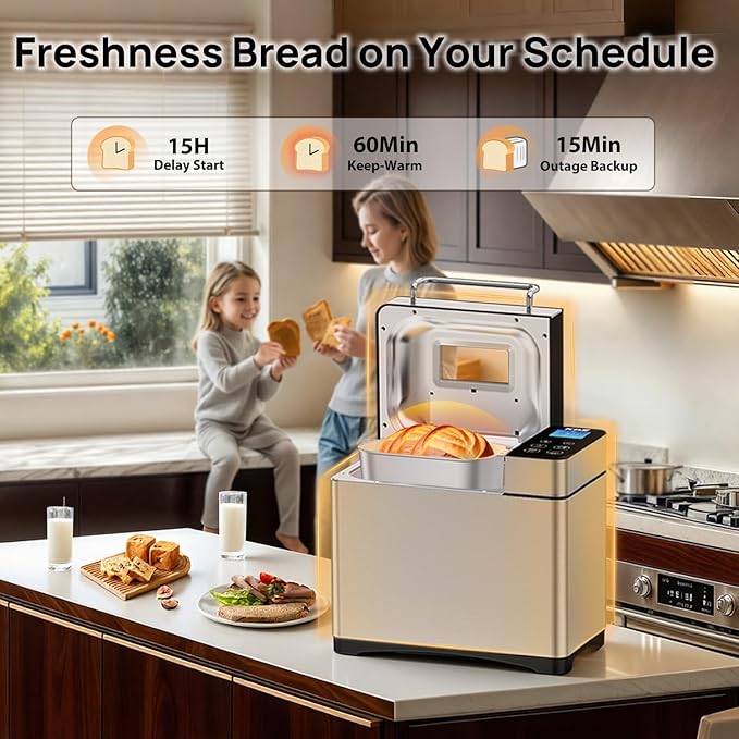 KBS Pro Stainless Steel Bread Machine, 2LB 17-in-1 Programmable XL Bread Maker with Fruit Nut Dispenser, Nonstick Ceramic Pan& Digital Touch Panel, 3 Loaf Sizes 3 Crust Colors, Reserve& Keep Warm Set