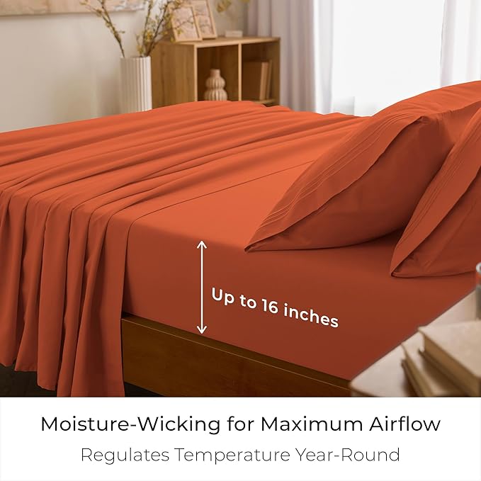 Mellanni Full Sheets Set - 4 PC Iconic Collection Bedding - Hotel Luxury, Extra Soft, Cooling Bed Sheets - Wrinkle, Fade, Stain Resistant (Full, Poppy Orange)