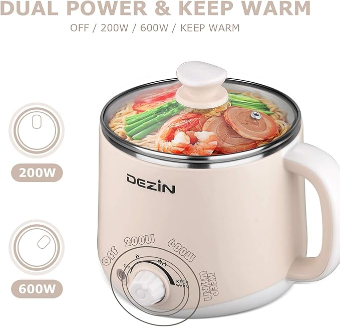 Dezin Hot Pot Electric with Steamer, Rapid Noodles Cooker, Stainless Steel Electric Pot 1.6 Liter, Perfect for Ramen, Egg, Dumpling, Soup, Oatmeal with Temperature Control and Keep Warm Function