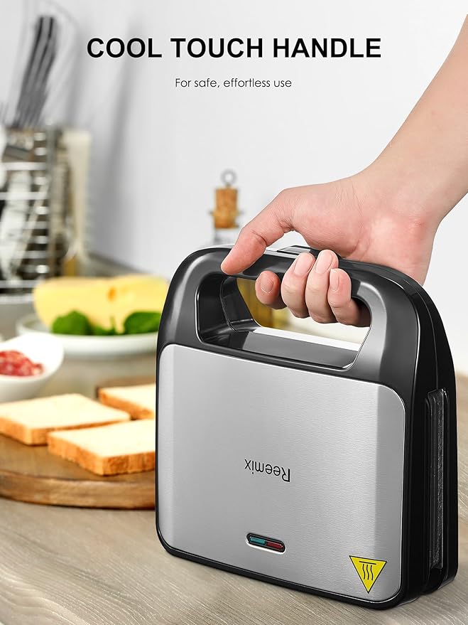 3-in-1 Waffle, Grill & Sandwich Maker, Panini Press Grill and Waffle Iron Set with Removable Non-Stick Plates, Perfect for Cooking Grilled Cheese, Tuna Melts, Burgers, Steaks and Snacks, Black (3 in1 Sandwich Maker With Plastic Handle)