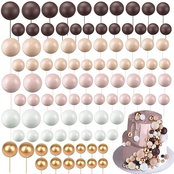 108 Pcs Balls Cake Topper DIY Cupcake Insert Foam Balloons for Cake Baking Wedding Anniversary Birthday Decoration(Brown Series,Multi Sizes)