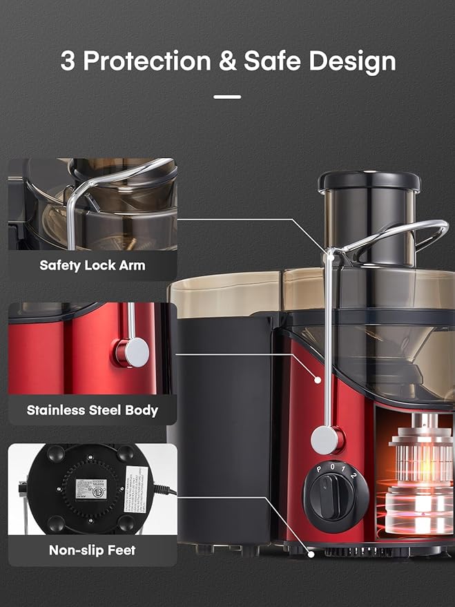 Juicer Machines, Juilist 3" Wide Mouth Juicer Extractor Max Power 800W, for Vegetable and Fruit with 3-Speed Setting, 400W Motor, Easy to Clean, Bright Red