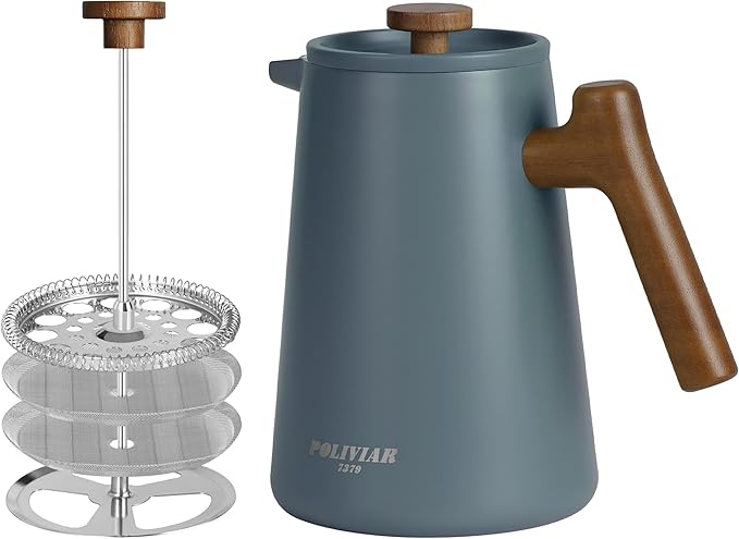 POLIVIAR French Press Coffee Maker, 34 oz Coffee Press with Real Wood Handle, Double Wall Insulation & Dual-Filter Screen, Food Grade Stainless Steel for Good Coffe and Tea, JX2025-XFPU