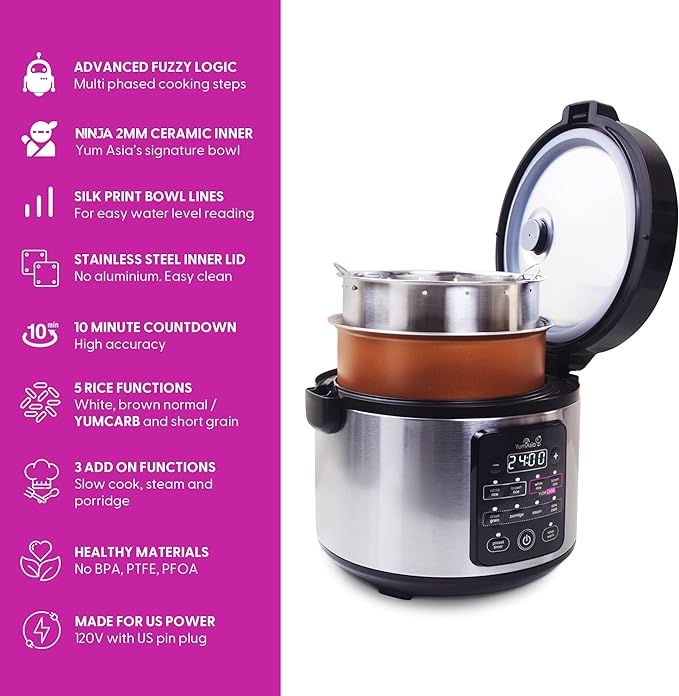 Yum Asia Kumo YumCarb Rice Cooker with Ceramic Bowl and Advanced Fuzzy Logic, (5.5 Cups, 1 Litre), 5 Rice Cooking Functions, 3 Multicooker Functions, 110V US Power (Light Stainless Steel)