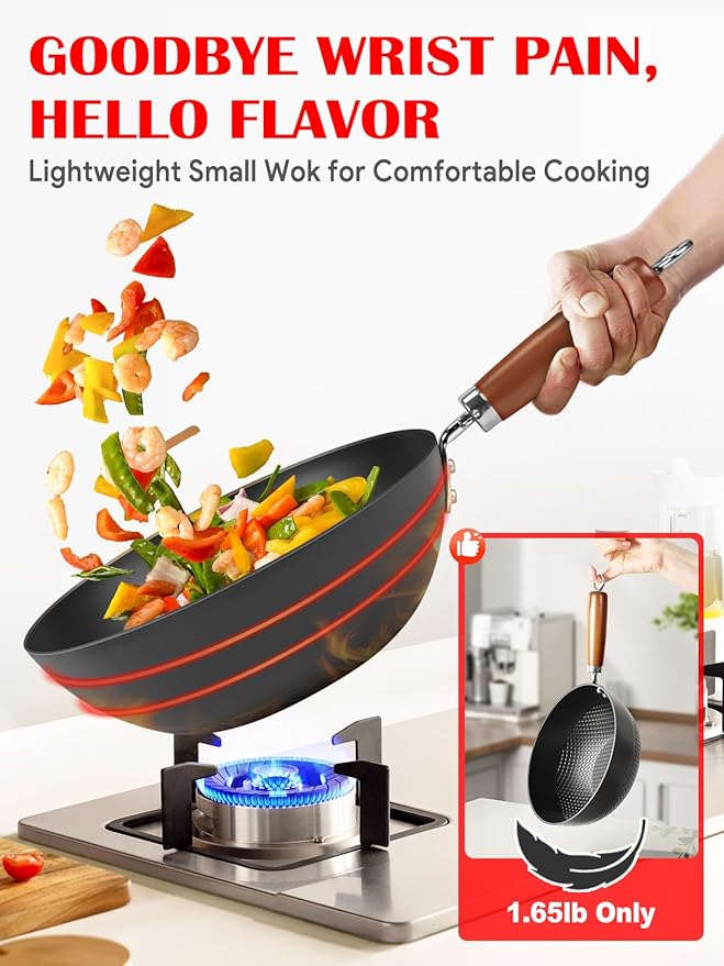 Carbon Steel Pan, 9.5-Inch Stir-Fry Woks & Pans Set with Glass Lid, 1.65lb Lightweight No Chemical Coated Flat Bottom Small Wok for 1-2 Servings