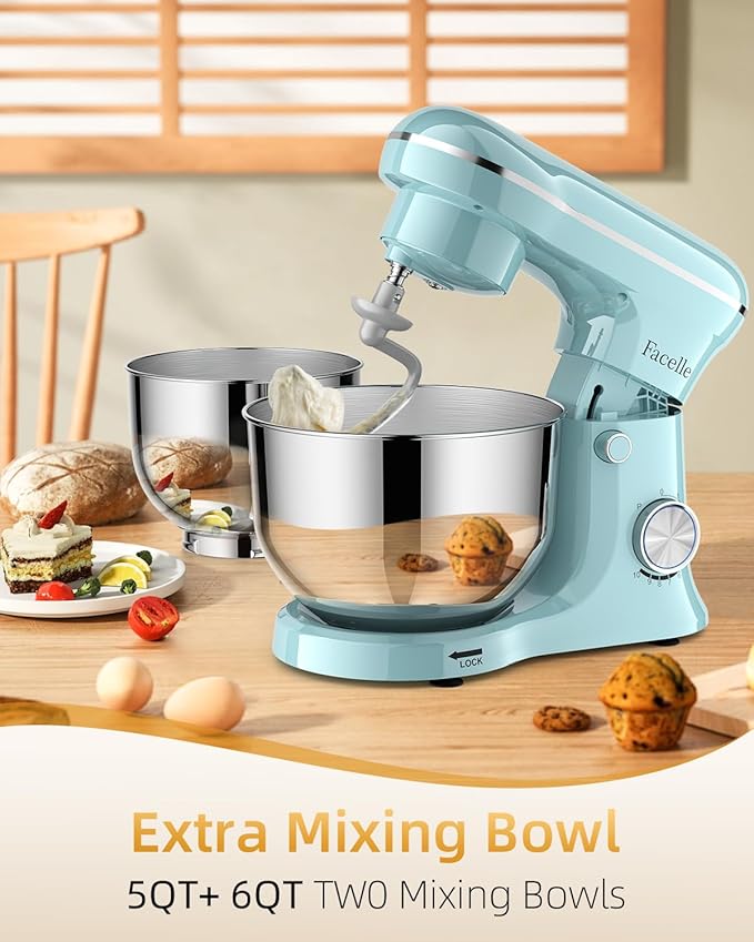 Facelle Tilt-Head Stand Mixer, 5QT+6QT Stainless Steel Two Bowls, 10 Speeds Kitchen Electric Food Mixer with Egg Whisk, Dough Hook, Beater, Dishwasher-Safe Attachment, Ideal Gift for Mom