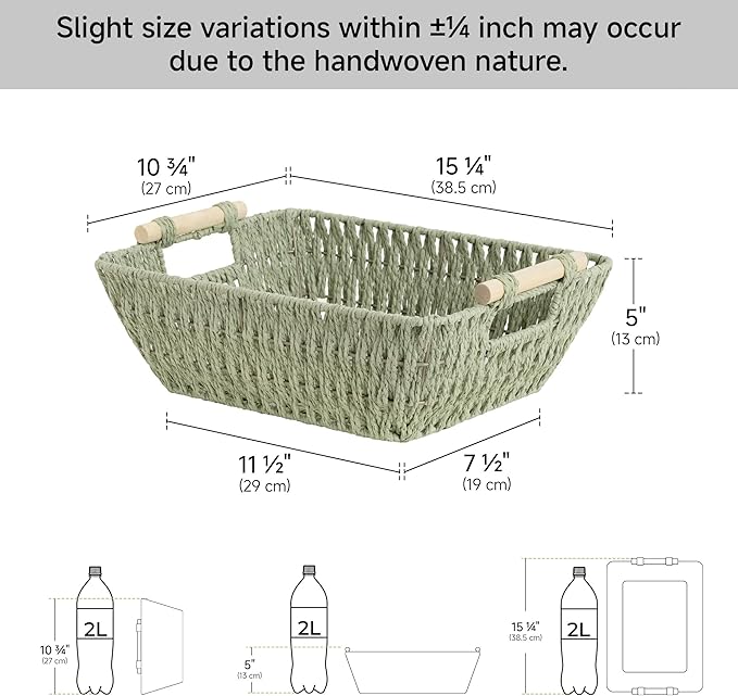StorageWorks Large Wicker Storage Basket for Organizing with Wooden Handles, Toilet Paper Baskets for Bathroom, Bosana Green, 2-Pack
