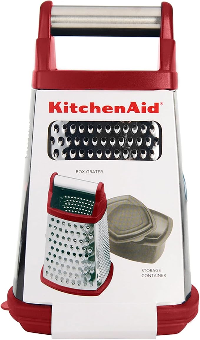 KitchenAid Gourmet 4-Sided Stainless Steel Box Grater for Fine, Medium and Coarse Grate, and Slicing, Detachable 3 Cup Storage Container and Measurment Markings, Dishwasher Safe, 10 inch, Red