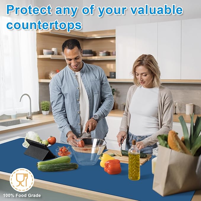 AECHY Silicone Mats for Kitchen Counter 47"x23.6"x0.08”, Largest Heat Resistant Mat Shipped Rolled Up Kitchen Island Silicone Countertop Protector Mat Nonslip Extra Large Counter Mat, Blue