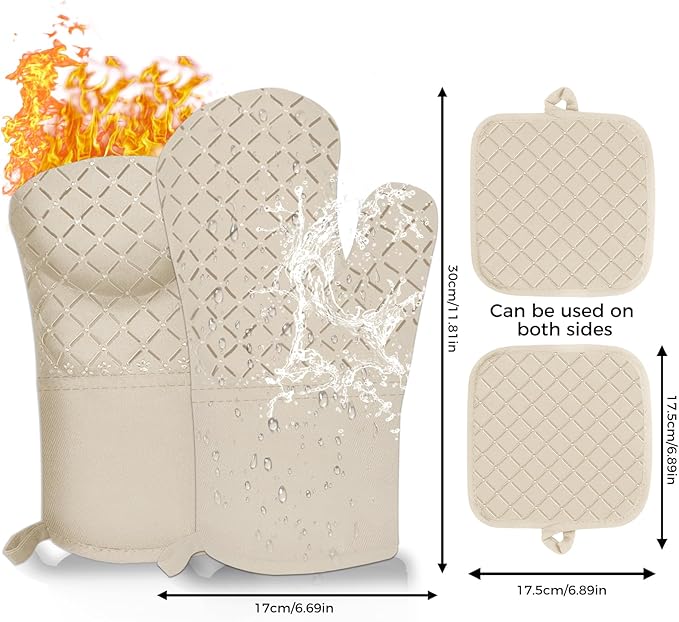 4PCS Oven Mitts and Pot Holders Sets 500°F Pot Holders for Kitchen Heat Resistant Oven Gloves Anti-Slip Silicone Stripe Oven Mitts Heat Resistant Hot Pads Oven Mits Potholders for Kitchens (Khaki)