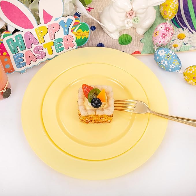 FLOWERCAT 60PCS Yellow Plates - Heavy Duty Yellow Plastic Plates Disposable 10.25inch & 7.5inch for Easter Party/Wedding/Spring - Serve for 30 guests