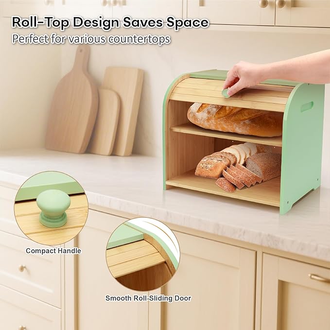 Bread Box for Kitchen Countertop, Double Layer Bamboo Bread Storage Container for Homemade Bread, Roll Top Bread Box with 3 Adjustable Height for Kitchen Counter, Cyan Breadbox Organizer