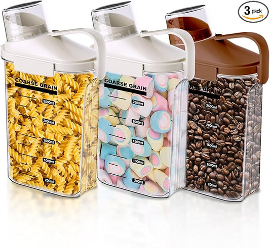 3 Pack Airtight Food Storage Containers Cereal & Dry Food Storage Container Set with Handles and Lids Clear Plastic Containers for Kitchen Cabinet Pantry Organization, 5.51LBS Rice Dispenser, Bpa Free