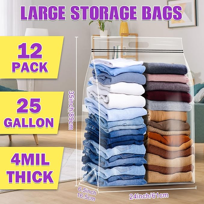 25 Gallon Extra Large Storage Bags 35”x 24”Resealable Clear Bags with Handle 4 Mil Thick Heavy Duty Big Bag for Clothes Pillow Travel Moving,Bedding,Shoes and Toys Storage, Pack of 12