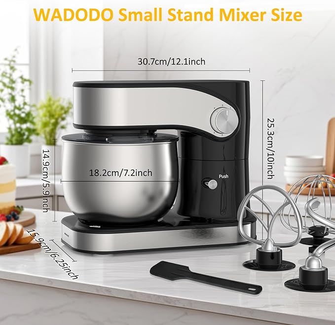 WADODO Stand Mixer, 3.2Qt Small Kitchen Mixer,6 Speeds Electric Food Mixer,Lightweight 304 Stainless Steel Kitchen Mixer with Bowl, Egg Whisk, Dough Hook, Flat Beater & Splash Guard - for Daily Use