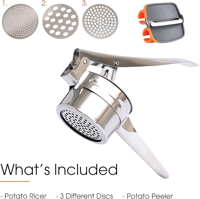 Potato Ricer with Stainless Steel Potato Peeler and 3 Interchangeable Discs | 15 oz Stainless Steel Potato Masher, Kitchen Gadget for Potatoes, Potato Ricer Kitchen Tool by Savver