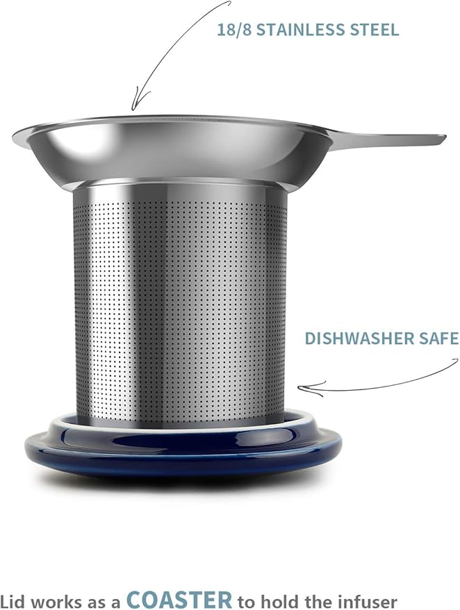 Sweese 20oz Porcelain Teacup with Infuser and Lid, Large Tea Mug for Loose Tea - Microwave and Dishwasher Safe, Insulated, Modern Design for Tea Lovers