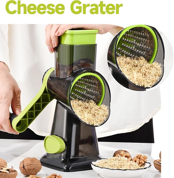 Rotary Cheese Grater Hand Crank Cheese Shredder Vegetable Mandoline Slicer for Kitchen 3 in 1 Changeable Blades for Cheese Potato Nuts Chocolate Ice (Green TSP)