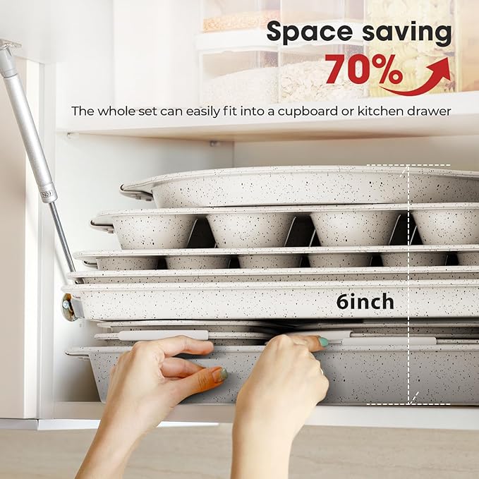 10-Piece Kitchen Nonstick Stackable Bakeware Set, Non Toxic Bakeware Sets with Silicone Handles, Includes Cookie Sheets, Cake Pan, Loaf Pan, Pizza Pan, Muffin Pan, White