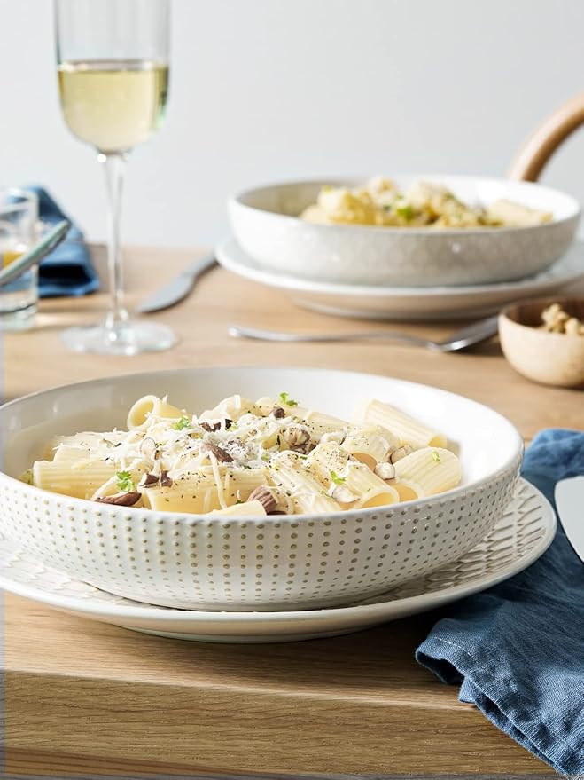 LE TAUCI Pasta Bowls 42oz, Large Salad Bowl, Ceramic Embossment Stoneware Serving Plate for Fruits, Noodle, Dinner, House-warming Wedding Present - 9 Inch, Set of 4, Arctic White