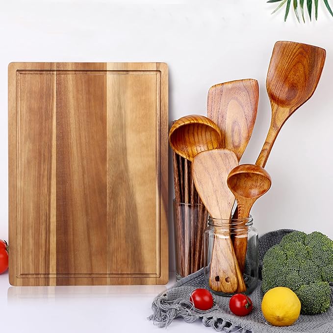 17" Best Solid Acacia Wood Cutting Boards for Kitchen Meat Large Wooden Charcuterie Board Food Non Toxic Hardwood Chopping Boards with Juice Groove Thick Butcher Block Big Bread Serving Cheese Board