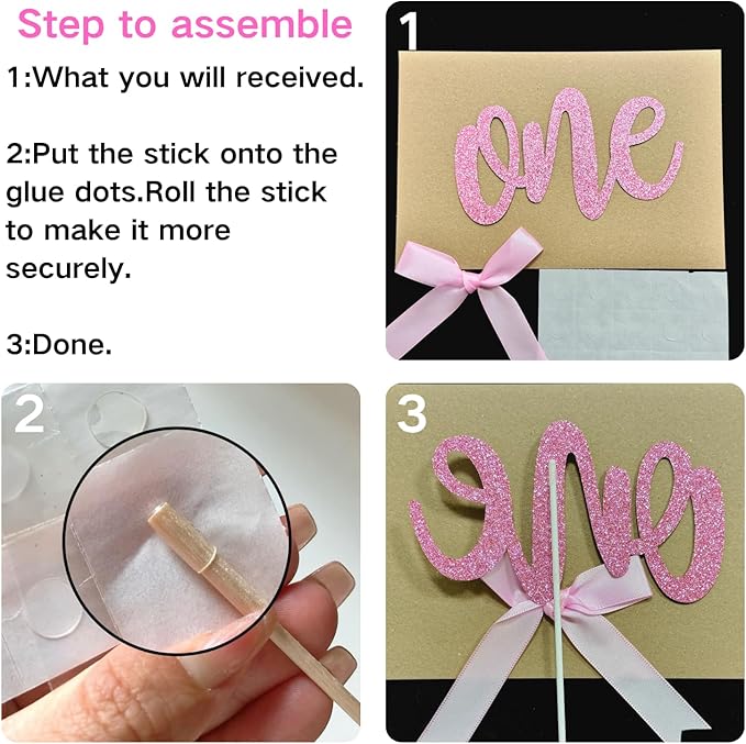 ALISSAR 1st Birthday Cake Topper with 8 Pink Bows – First Birthday Cake Decorations for Girls, Pink Bow, One Cake Topper for 1st Birthday Party