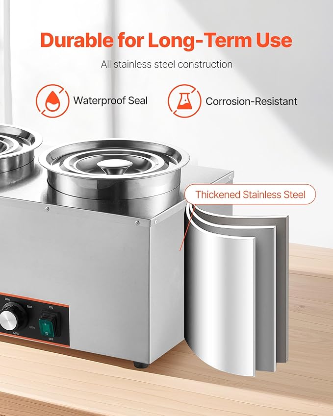 VEVOR Electric Soup Warmer, Three 6.34QT Stainless Steel Round Pot with 86~185°F Adjustable Temp, 1500W Commercial Bain Marie with Anti-Dry Burn and Reset Button, Soup Station for Restaurant, Buffet