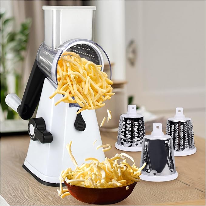 Rotary Cheese Grater Hand Crank, 3 in 1 Blades Vegetable Slicer Cheese Shredder for Vegetable, Nuts, Chocolate, Potato, Practical Kitchen Gadgets
