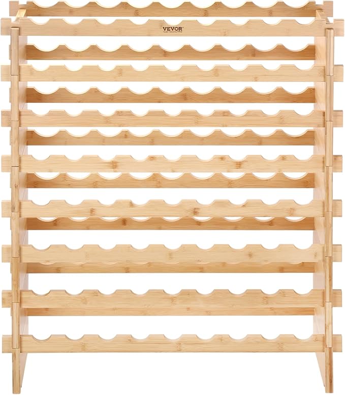 VEVOR Stackable Modular Wine Rack, 8-Tier 72 Bottles, Freestanding Wines Holder Display Shelf, Solid Bamboo Wood Storage Racks, Wobble-Free Shelves for Kitchens, Dining Rooms, Cellars, Natural Color