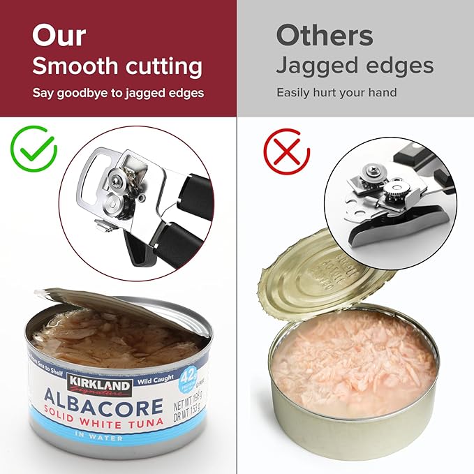 Can Opener Manual w/Magnet - Heavy Duty Hand Held Can Openers & Bottle Opener, Sharp Blade, Smooth Edge on Cans, Soft Grip Rubber Handle, Effortless Turn Knob for Seniors and Arthritis, Black