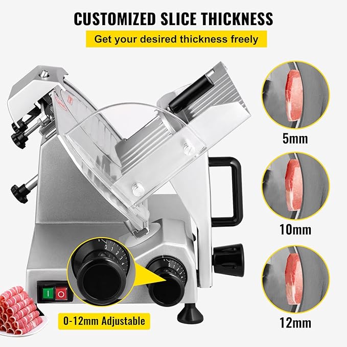 VEVOR Commercial Meat Slicer, 200W Electric Deli Food Slicer, 0-12mm Adjustable Thickness Electric Meat Slicer, 1200RPM Meat Slicer with 8.7'' Chromium-plated Steel Blade for Home & Commercial Use