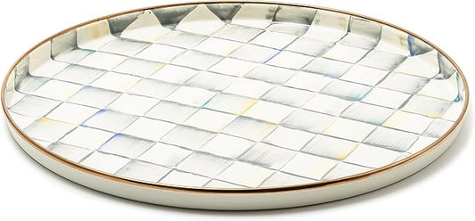 MACKENZIE-CHILDS Enamel Round Tray, Unique Serving Platter for Food and Drinks, Gray-and-White Sterling Check