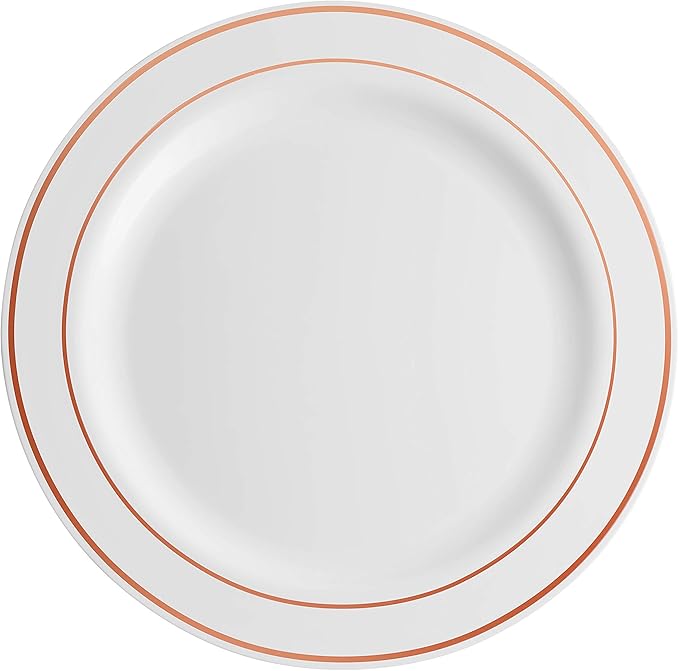 Munfix 100 Rose Gold Rim Plastic Plates Set, 50 Pcs 10 Inch Dinner and 50 Pcs 7 Inch Plastic Dessert Plates, Elegant Fancy Heavy Duty Disposable Plates for Party, Wedding, White Rose Gold Rim