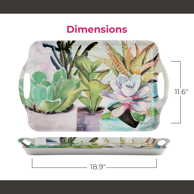 Pimpernel Succulents Large Handled Tray - 18.9" x 11.6" Melamine Serveware with Botanical Design - Dishwasher-Safe Decorative Breakfast & Coffee Tray for Hosting & Everyday Use