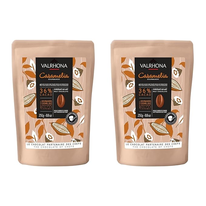 Valrhona Premium French Baking Milk Chocolate Discs (Feves). CARAMELIA 36% Cacao. Creamy, Caramel, Salted Butter Notes. Easy Melt-Tempering. Milky, Balanced. Luscious Frosting, Sauces 250g (Pack of 2)