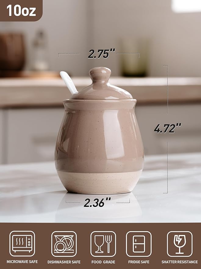 famiware Milkyway Sugar Bowl with Lid and Spoon, 10oz Ceramic Sugar Jar/Pot/Dispenser for Salt, Condiments, Spice, Seasonings, Sugar Container for Coffee Bar, Kitchen, and Countertop, Cinnamon Brown
