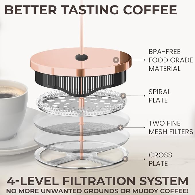 Cafe Du Chateau Stainless Steel French Press Coffee Maker - 34oz Insulated Coffee Press with 4-Level Filtration, BPA Free, Durable Glass, Great for Tea