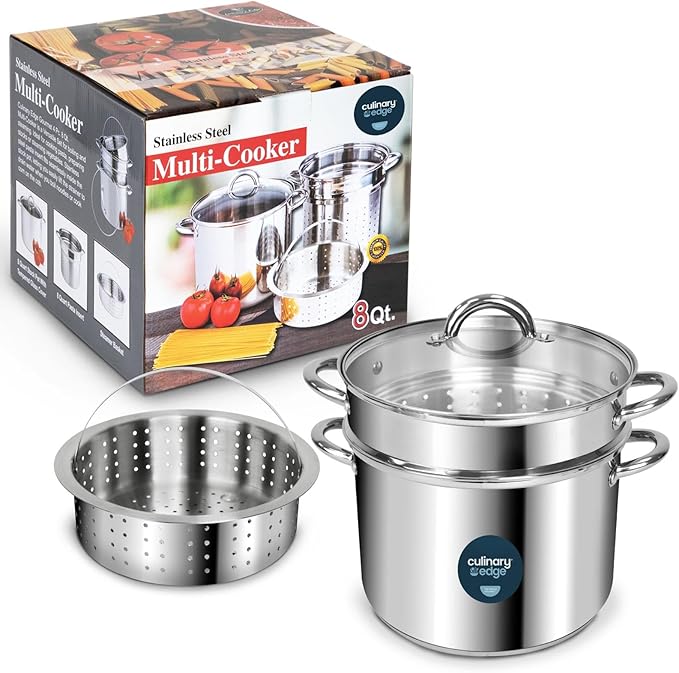 Stainless Steel 8-Quart Nonstick 4-Piece Multi-Cooker with Steamer and Pasta Pot Cookware Set