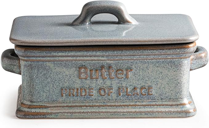 Butter Dish with Lid, Ceramic Butter Holder Container Large Butter Dish for Countertop Farmhouse Decor Butter Keeper for East West Coast Butter, Gray