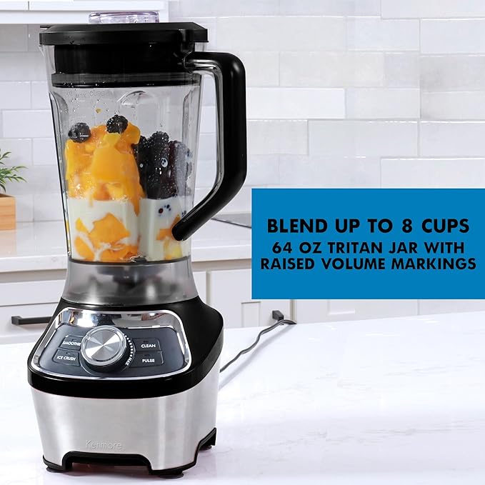 Kenmore Countertop Blender - Electric Mixer, Frozen Smoothie, Shakes, Milkshake, Puree Maker, Licuadora Grinder Kitchen Appliance With Ice Crush & Pulse Function, Dishwasher Safe Glass Pitcher, Black