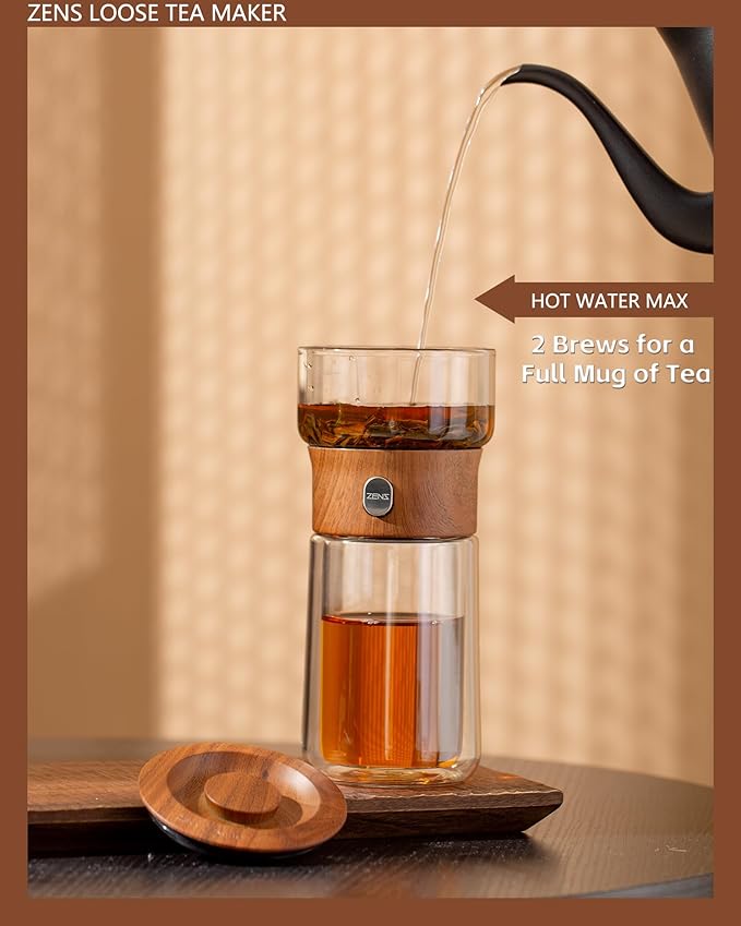 ZENS Modern Glass Infuser Teapot, One Touch Tea Maker for Loose Leaf Tea with Insulated Mug and Portable Case. Enchanted Pot Alternatives for Tea Lover Gifts