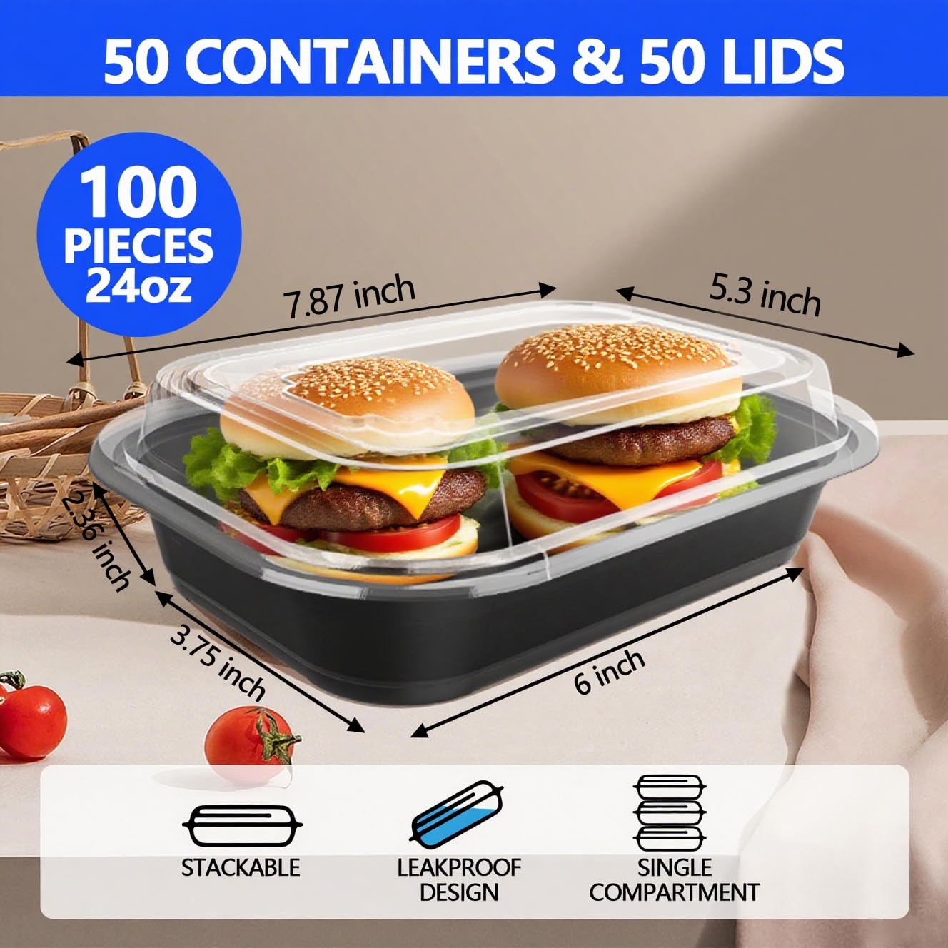 50 Pack (100-Piece) - 24oz Meal Prep Containers Salad & Snack Storage for Lunch | BPA Free & Leakproof Food Containers | To Go Take Out Plastic Bento Box | Microwave, Freezer, Dishwasher Safe