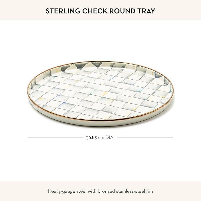 MACKENZIE-CHILDS Enamel Round Tray, Unique Serving Platter for Food and Drinks, Gray-and-White Sterling Check