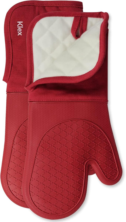 Klex Extra Long Silicone Oven Mitts, 932°F Degrees Heat Resistance with Quilted Cotton Liner Oven Gloves, 2 Piece Set, 15 inch, Red
