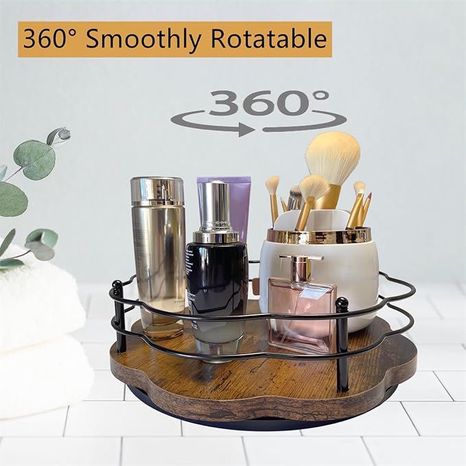 13" Lazy Susan Turntable Organizer with Higher Metal Sides, 360° Rotating Wooden Lazy Susan Organization and Storage for Cabinet,Kitchen,Countertop,Table Top,Dining Table,Coffee Bar Decor