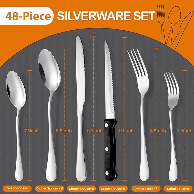 49 Piece Silverware Set with Organizer - Stainless Steel Cutlery Set for 8, kitchen Utensil Flatware with Steak Knives, Spoons and Forks, Dishwasher Safe, Rust-proof & Mirror Polished