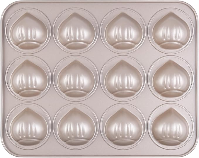 Muffin Cake Pan, Non-Stick 12-Cavity Chestnut-Shaped Bakeware for Oven Baking (Champagne Gold)