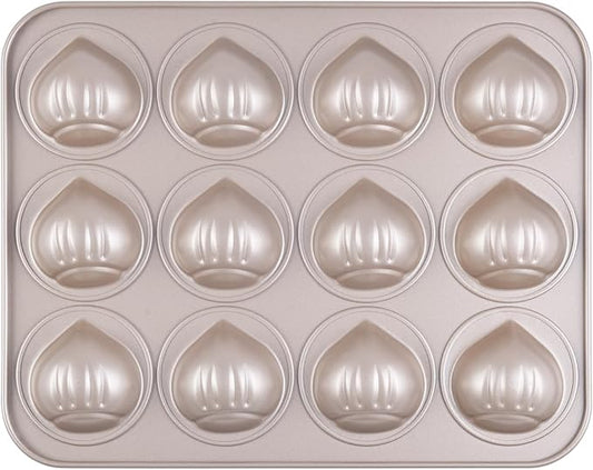 Muffin Cake Pan, Non-Stick 12-Cavity Chestnut-Shaped Bakeware for Oven Baking (Champagne Gold)