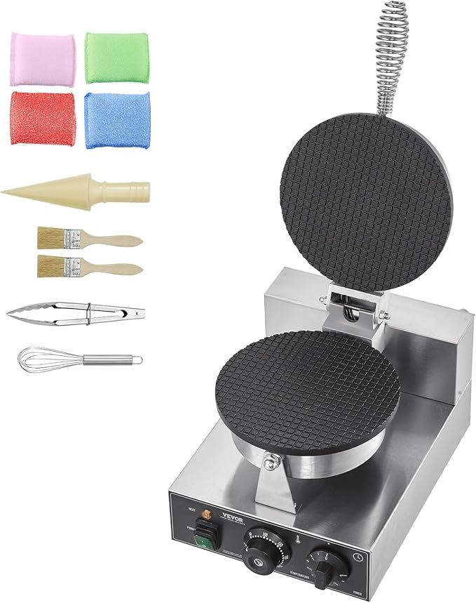 VEVOR Electric Ice Cream Cone Maker, Commercial 1230W Waffle Cone Machine, Non-Stick Stainless Steel Egg Roll Mold, with Temperature and Time Control, Handle, for Restaurant Bakery Snack Bar Family