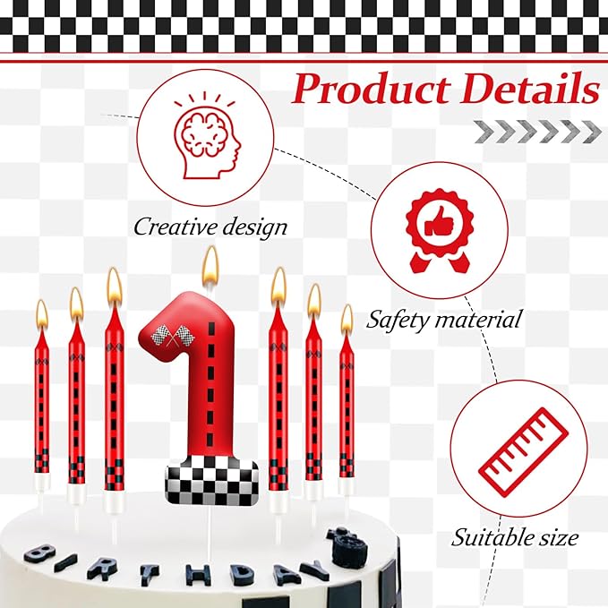 13PCS Racing Car Theme Birthday Candle Set with Checkered Flag Design - Durable Cake Topper for Race Car Party Decorations, Kids Birthday Supplies - Number 1 Candle for Racing-Themed Celebrations